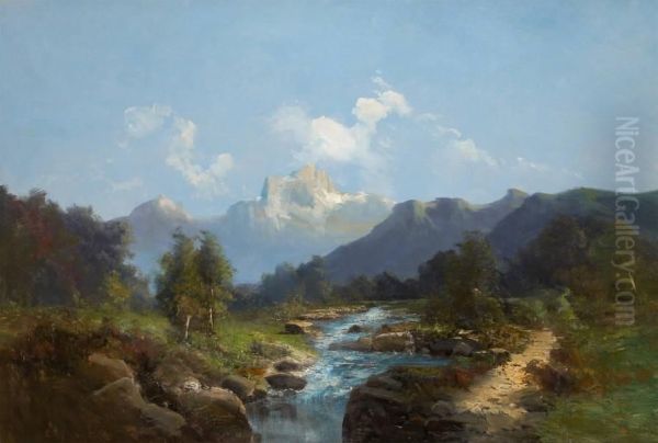 Vue De Cascade Sur Fond Montagneux Oil Painting by Emile Godchaux