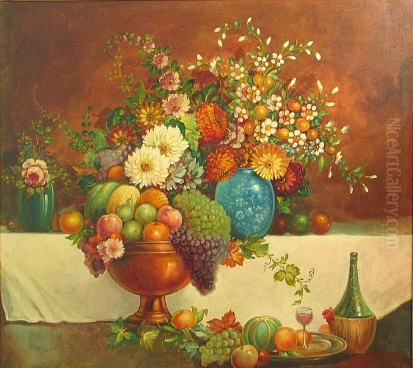 Still Life With Flowers, A Fruit Bowl Andwine Oil Painting by Frederick Gale Goddard