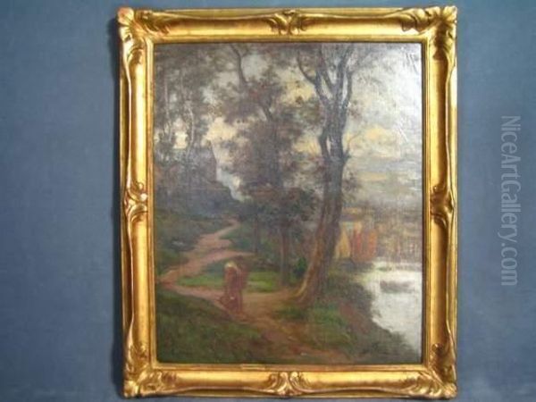 Paysan Breton Marchant A L'aube Oil Painting by Charles Leon Godeby