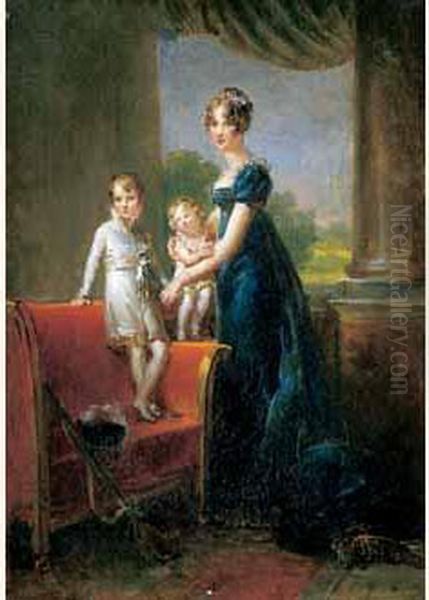 Portrait De La Reine Hortense Et Deux De Ses Enfants. Oil Painting by Marie Eleonore Godefroid