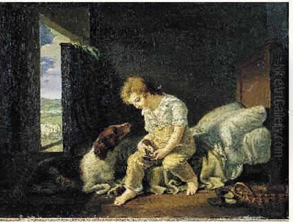 Un Jeune Garcon Nourrissant Des Petits Chiots Oil Painting by Marie Eleonore Godefroid