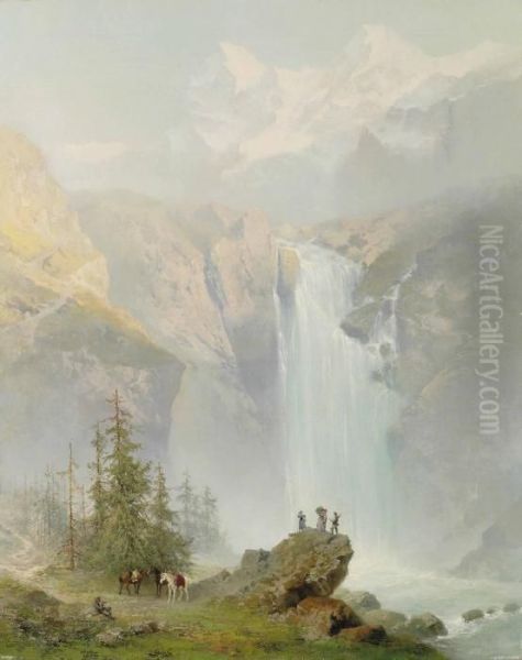 Schmadribachfall, Lauterbrunnen Valley Oil Painting by Jean Julien Godenne