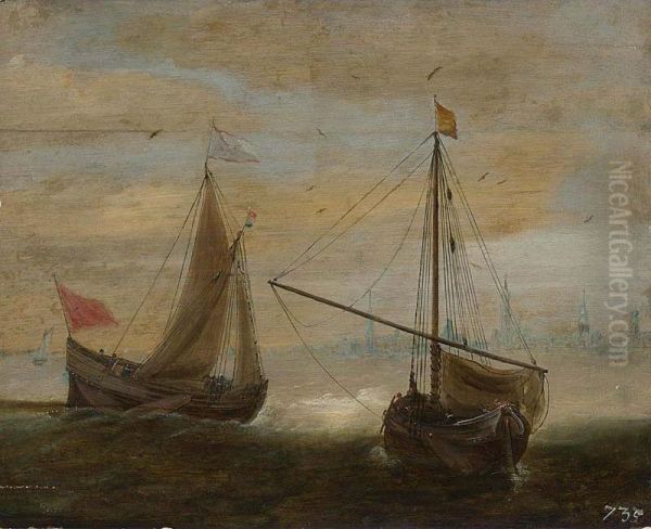 Two Small Ships In Front Of A Dutch Town Oil Painting by Hans Goderis