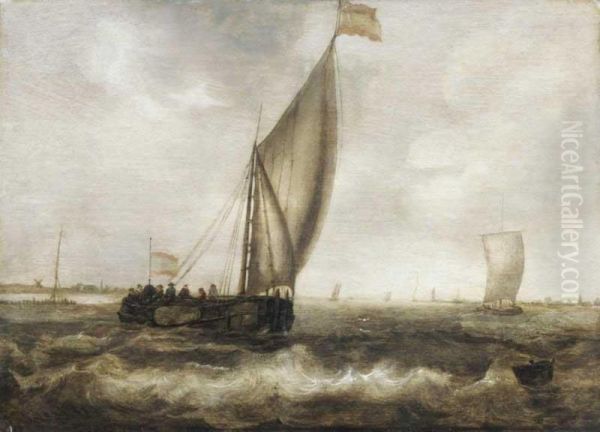 Coastal Scene With Small Craft Under Sail Oil Painting by Hans Goderis