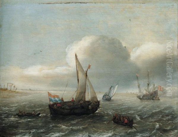 A Fishing Boat And Other Dutch Vessels Under Sail Off The Coast Oil Painting by Hans Goderis