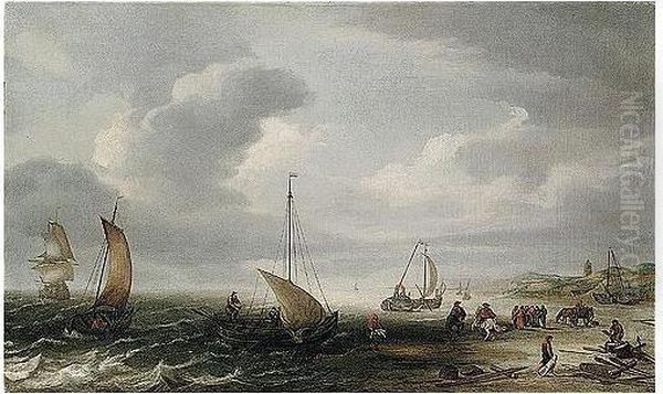 The Beech At Egmond An Zee With Fishermen Unloading Their Catch Oil Painting by Hans Goderis