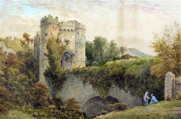 Ladies Picking Wildflowers Before A Castle Gate Oil Painting by Julius Godet