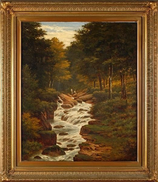 Wooded Landscape With Figures By A Rocky Stream Oil Painting by Julius Godet