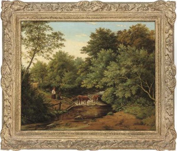 Cattle Watering In A Wooded Landscape Oil Painting by Julius Godet