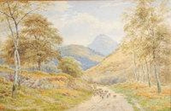 Shepherd And Flock On A Country Lane Oil Painting by Julius Godet