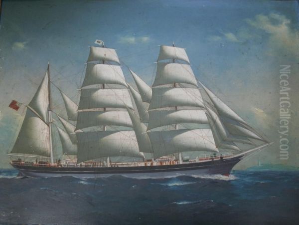 The Barque Alliance Under Full Sail Off A Lighthouse Oil Painting by Godfrey