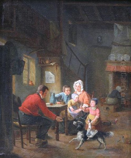 Gezin In Een Kempisch Interieur - Famille Dans Un Interieurcampinois. Oil Painting by Jacobus Ludovicus Godinau