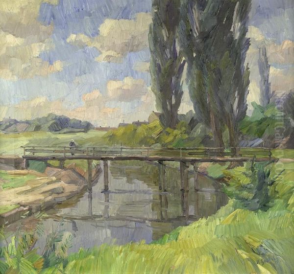 Fluslandschaft Mit Brucke Und Pappeln Oil Painting by Hermann Goebel