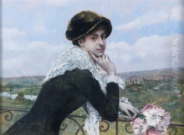 Portrait D'une Elegante Au Balcon Oil Painting by Norbert Goeneutte