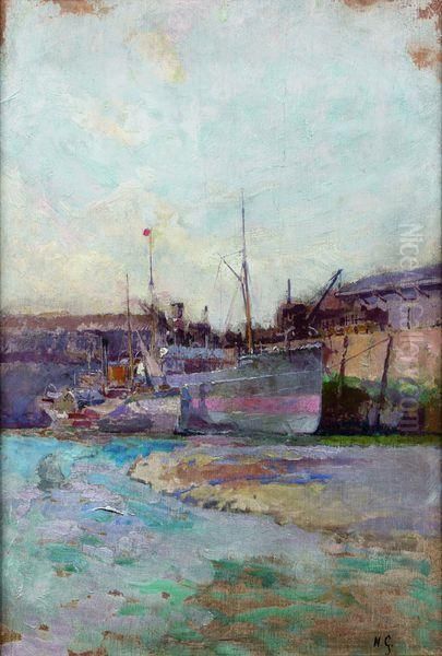 Bateau A Quai Dans Le Port De Dieppe Oil Painting by Norbert Goeneutte