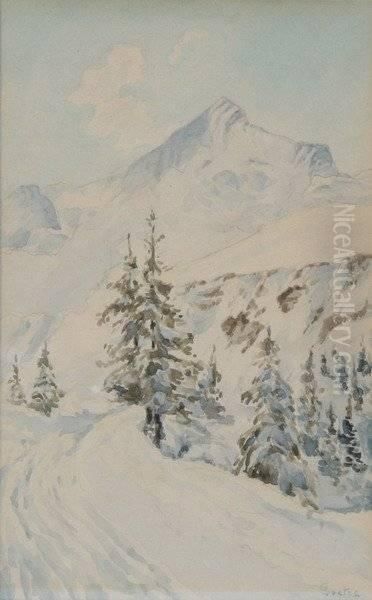 Mountain Snow Scene Oil Painting by Sigismund Christian Hubert Goetze