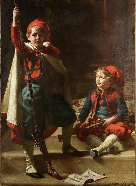 'zouaves'- Portrait Of Francis And Philip Mond, Sons Of Emile Mond, Esq. Oil Painting by Sigismund Christian Hubert Goetze