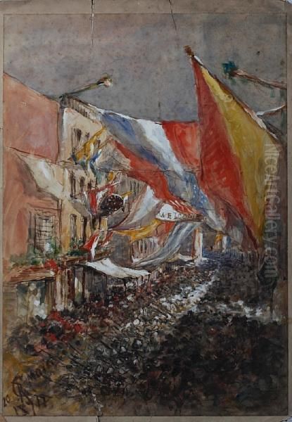 Crowded Street Scene Decked Out Withflags Oil Painting by Robert Charles, Goff Col.