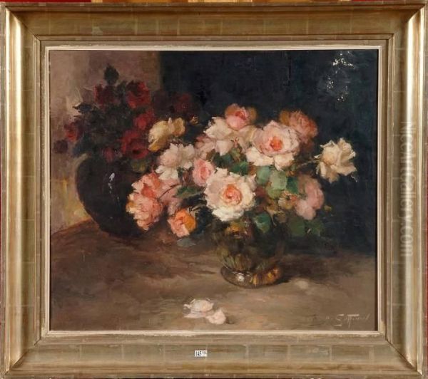 Vases De Roses Oil Painting by Aristide Goffinon