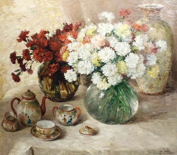 A Still Life Of Carnations And A Tea Set Oil Painting by Aristide Goffinon