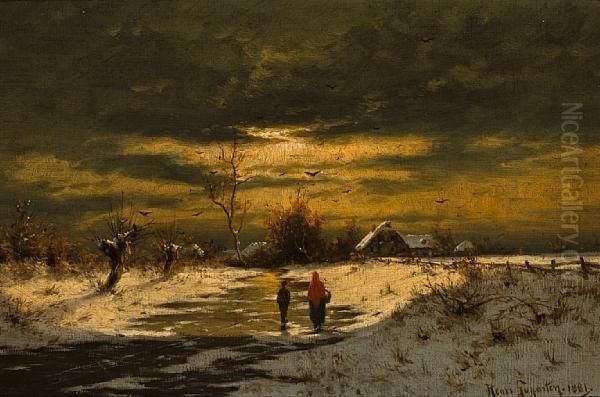 Figures On A Path In The Snow At Sunset Oil Painting by Heinrich Gogarten