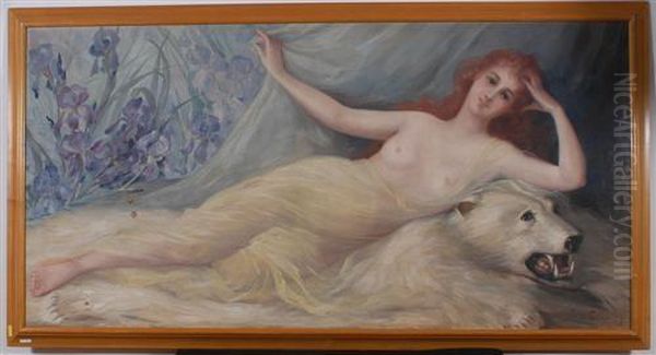 Woman Reclining On White Bearskin. 1904. Oil Painting by Mary Golay