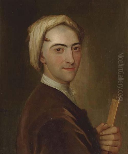 Portrait Of A Architect, Bust-length, In A Brown Jacket And White Turban, Holding A Ruler Oil Painting by E. Goldfinch