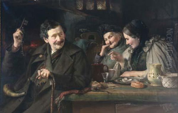 Stubeninterieur Mit Jagersmann Und Zwei Bauerinnen Oil Painting by Otto Goldmann