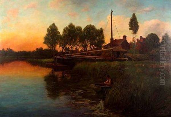 Broads Scene At Sunset Oil Painting by Walter H. Goldsmith