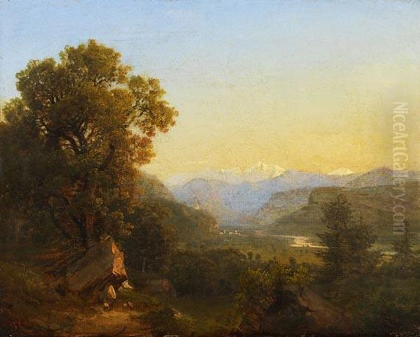 Blick Uber Ein Weites Alpenflusstal Mit Burgruine Und Kleinem Stadtchen. Oil Painting by Johann Theodor Goldstein