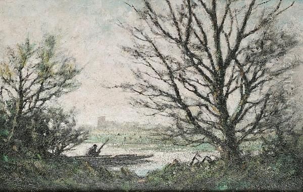 Extensive River Landscape Seen Through Trees; And A Companion Oil Painting by G. Harold Goldthwait