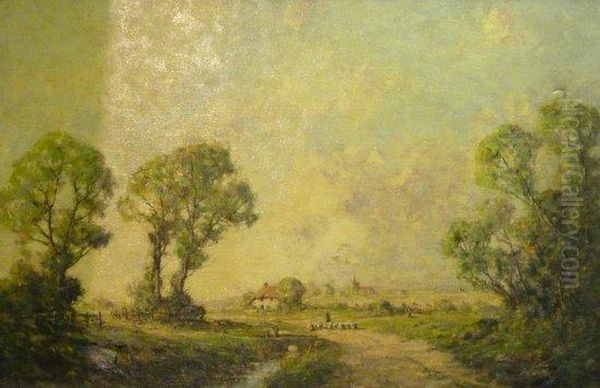 Sheep On A Country Lane 
 With Village In Distance Oil Painting by Harold Goldthwaite