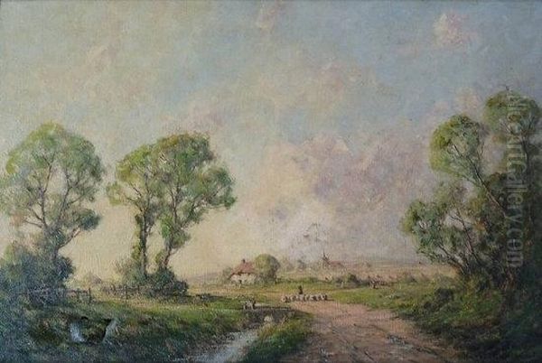 Sheep On A Country Lane Oil Painting by Harold Goldthwaite