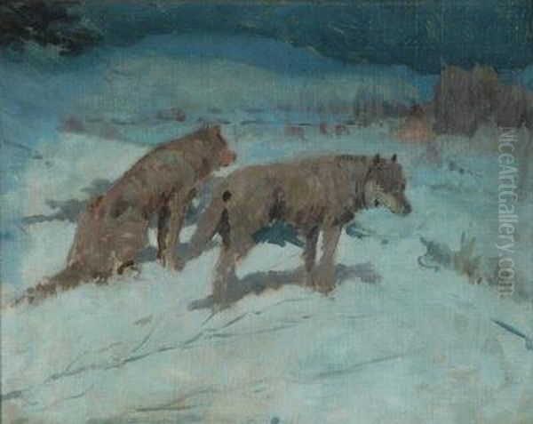 Wolves At Night In Indian Camp Oil Painting by Elling William Gollings