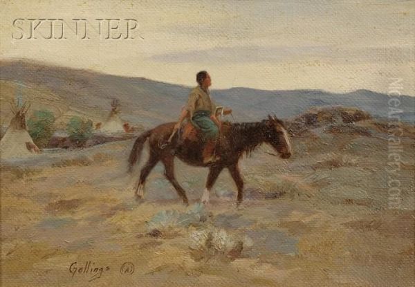 Squaw 
/landscape With Native American Onhorseback Oil Painting by Elling William Gollings