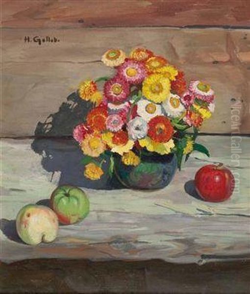 Stillleben Mit Spatsommerblumen Und Apfeln Oil Painting by Heinrich Gollob