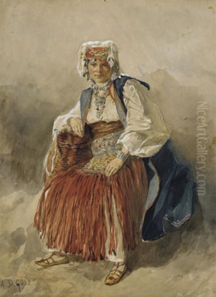 Femme Assise En Costume Traditionnel Turc, Un Panier Sous Le Bras by Alexander Demetrius Goltz