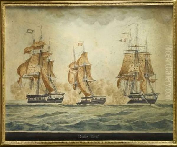 Un Combat Naval Oil Painting by Etienne Gombert