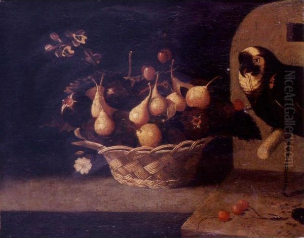 Still Life Of Cherries, Plums And Figs In A Basket Resting On A Ledge, A Parrot Looking On Oil Painting by Baltazar Gomes Figueira