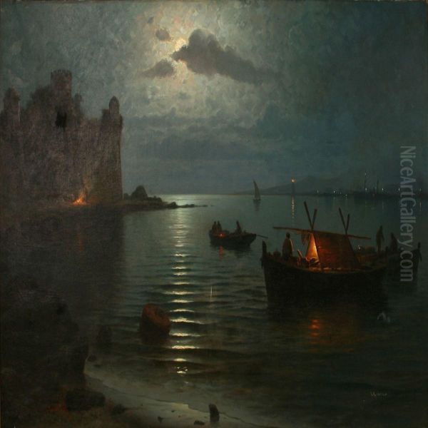 Coastal Scene From Malaga With A Castleruin And Fishermen Oil Painting by Guillermo Gomez Gil