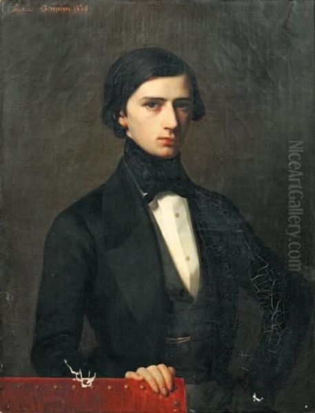 Portrait En Buste De Jeune Homme Enchemise Blanche, Cravate Et Redingote Noires, La Main Posee Sur Ledos D'un Siege Oil Painting by Charles Gomien