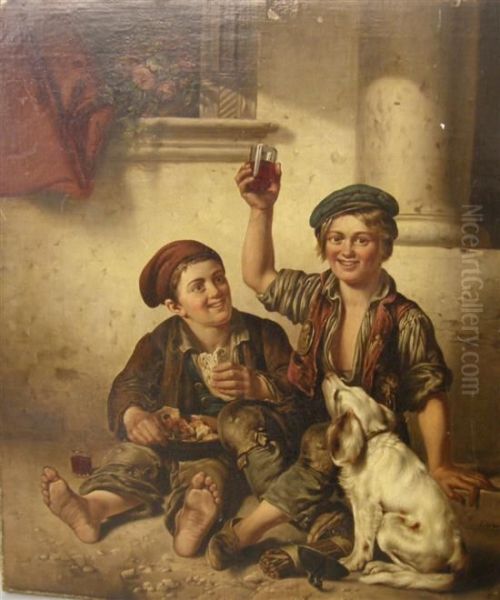 Two Young Boys Drinking With A Dog Oil Painting by Christian Friedrich Gonne