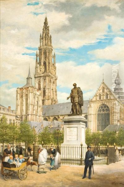 De Groenplaats Te Antwerpen Oil Painting by Frans Gons