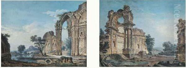 Paire De Paysages De Ruines Oil Painting by Antoine Gonzales