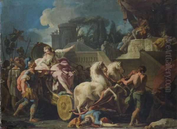 Tullia Driving Her Chariot Over Her Father's Body Oil Painting by Antonio Gonzalez Velasquez