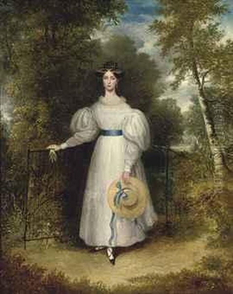 Portrait Of A Lady, Small Full-length, In A White Dress With A Bluesash, Holding A Straw Hat, Standing By A Gate, A Landscapebeyond Oil Painting by James Gooch