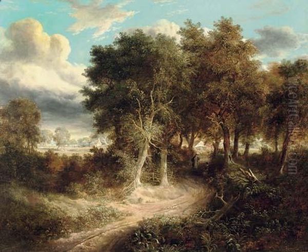 A Wooded Landscape With A Couple Conversing On A Track, An Open Field With A Farmstead Beyond Oil Painting by James Gooch