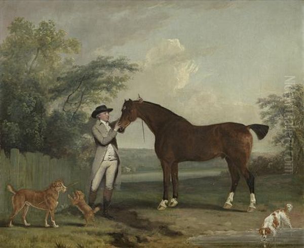 Portrait Of A Gentleman, Full-length, In Agrey Coat, With His Hunter, Before An Open Landscape Oil Painting by Thomas Gooch