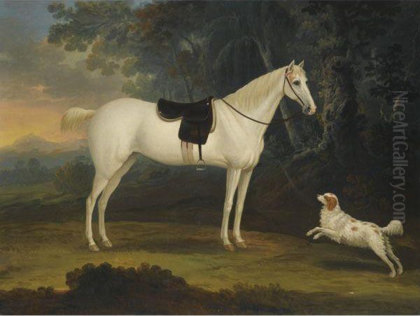 Portrait Of Cygnet, A Grey Horse, With A White Spaniel In A Landscape Oil Painting by Thomas Gooch