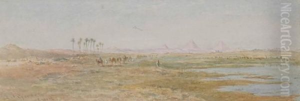 A Camel Train On The Banks Of The Nile, The Pyramids Beyond Oil Painting by Edward Alfred Angelo Goodall